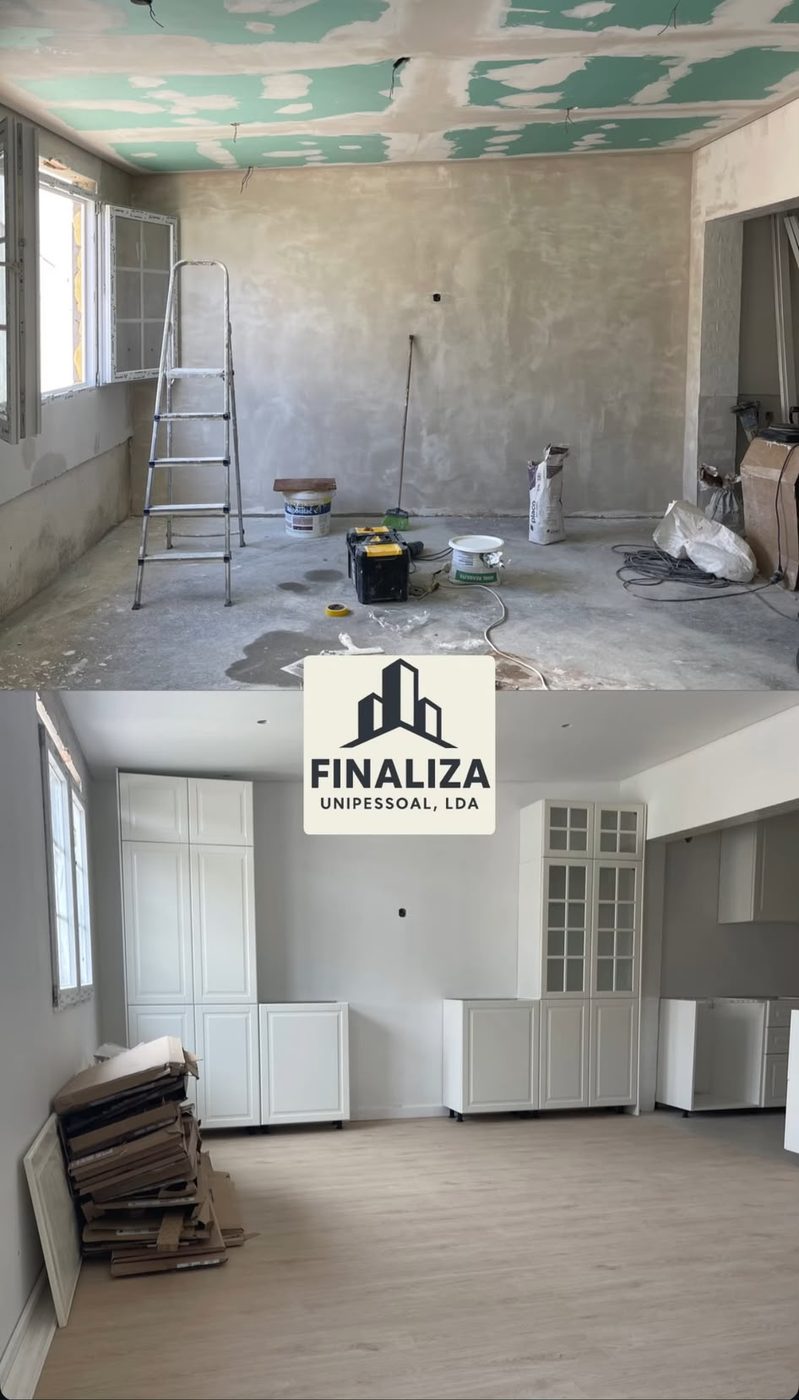 Sala e cozinha antes e depois da remodelação